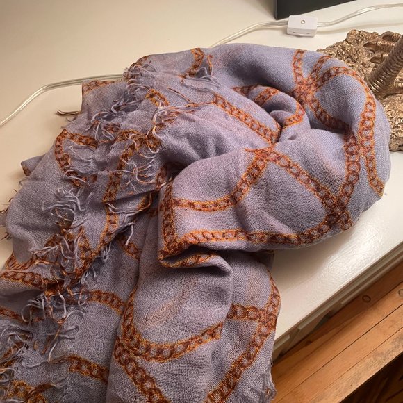 Chan Luu Chain Link Print Cashmere Silk Scarf. Dusty Blue Color. - Picture 2 of 2